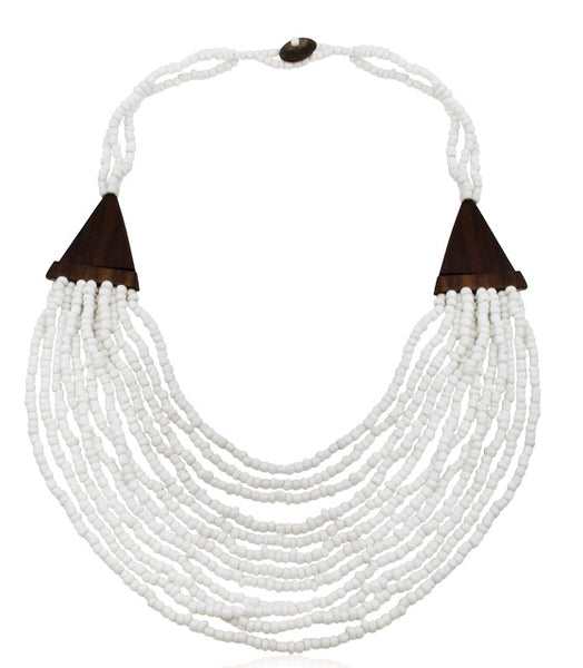 Statement necklace *** layered multi bead wood and white