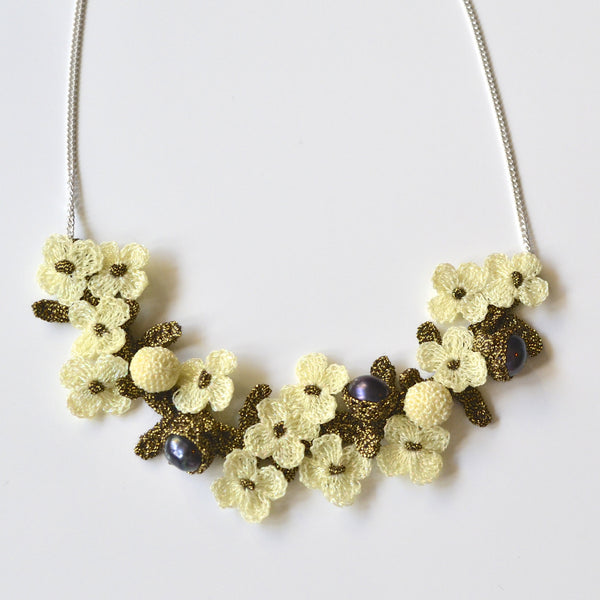 Elaborate Hand Crocheted Flower and Pearl Necklace - Ivory – JJ