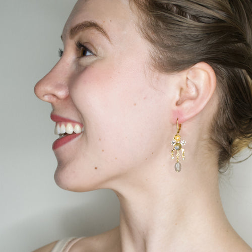 Labradorite and Pearl Flower Drop Earrings by Eric et Lydie