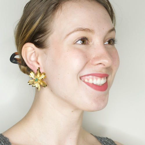 Golden Flower Post Earrings with Raw Colombian Emeralds