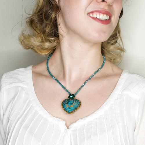 Embroidered Heart Mexican Drop Necklace - Sky Blue