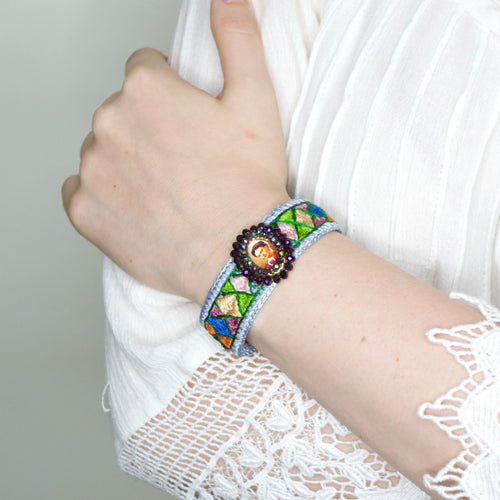 Embroidered Multicolor Frida Kahlo Image Mexican Cuff Bracelet