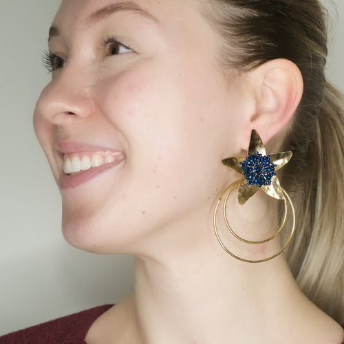 Golden Flower and Beaded Circle Earrings