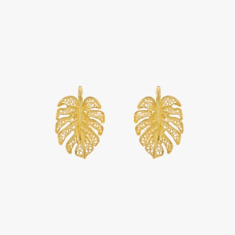 Single Leaf Gold Plated Silver Filigree Earrings