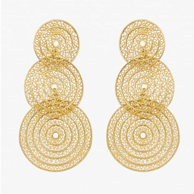 Three Circle Elegant Gold Plated Sterling Silver Filigree Earrings