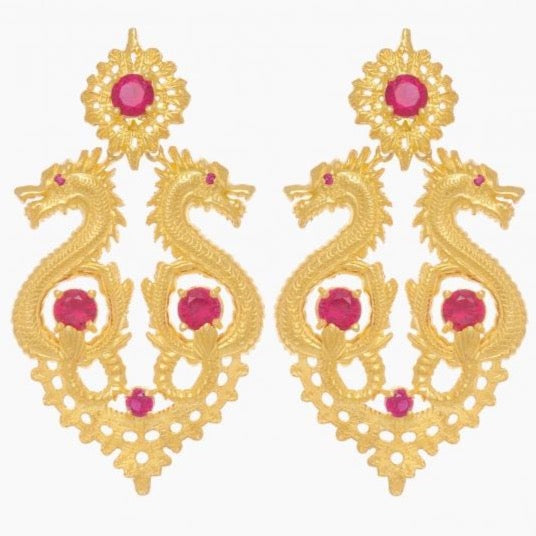 Queen Dragon Statement Earrings in Gold Plated .925 Silver + Ruby Crystal - By Ana Moura