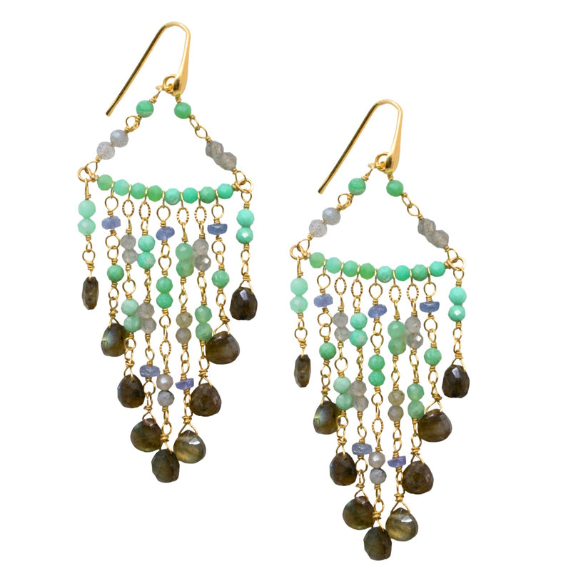 Labradorite and Green Opal 24K Gold Chandelier Earrings from Italy