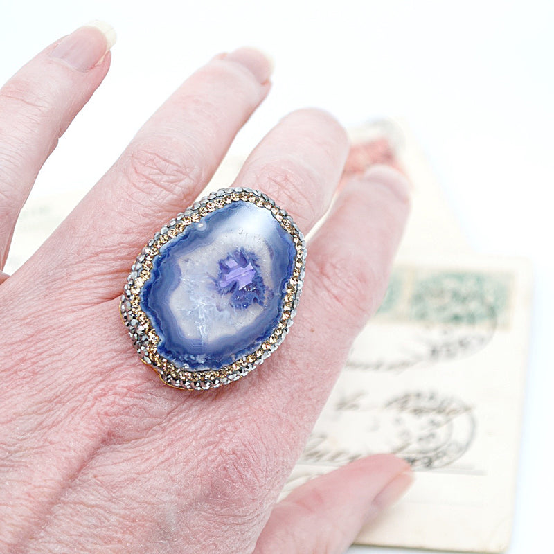 Amethyst Colored Artisan Quartz Geode Adjustable Ring from Turkey
