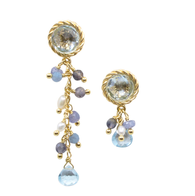 Asymmetrical Topaz Tanzanite and Pearl Gold Pendant Earrings from Italy