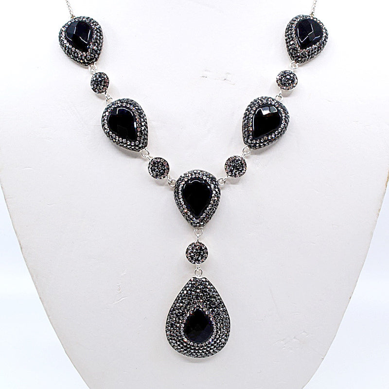 Sparkling Sterling Silver Onyx Drop Necklace