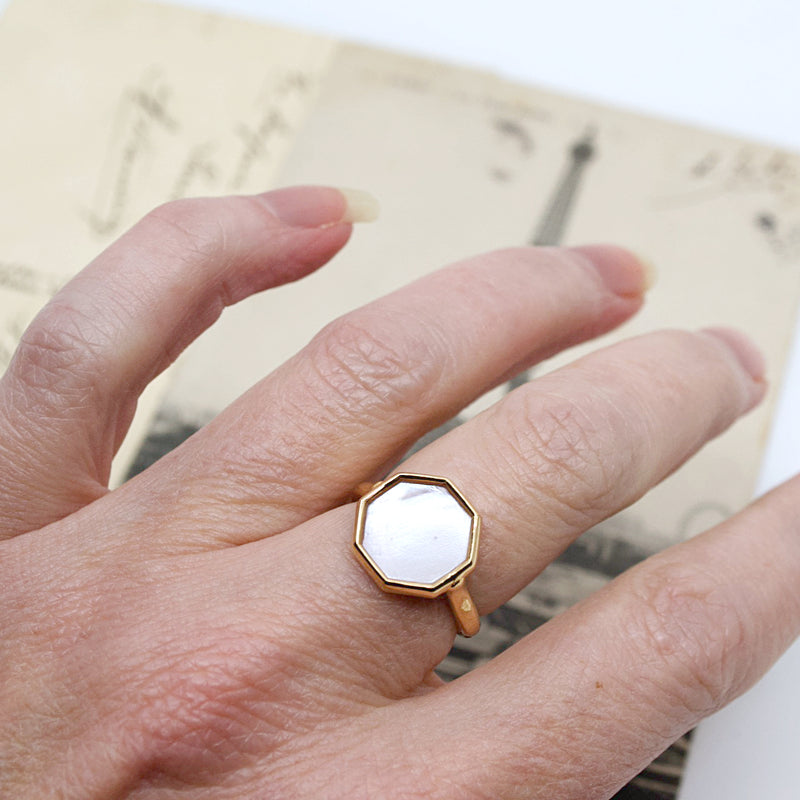 Gold Geometric Rose Colored Mother of Pearl Adjustable Ring