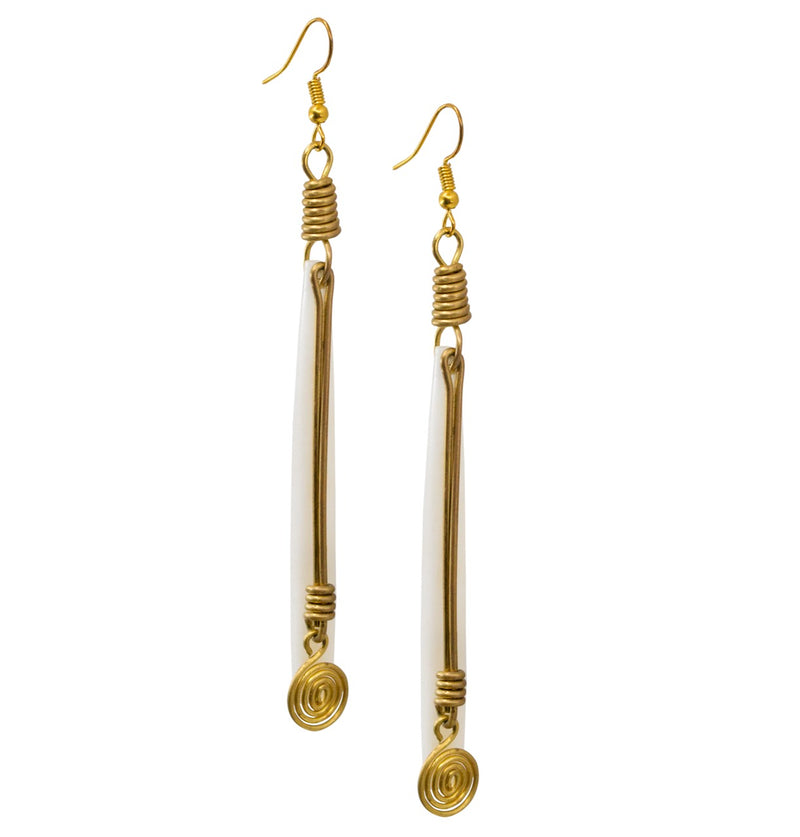 Intricate Camel Bone and Brass Drop Earrings from Kenya - White