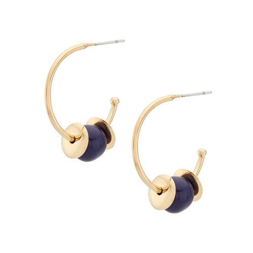 Gold Kazuri Bead Hoop Earrings - Blue