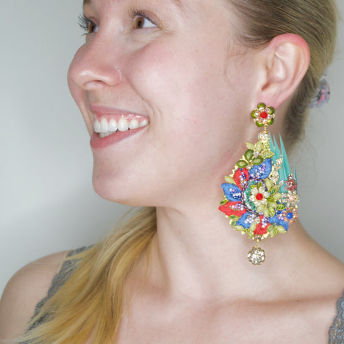 Feathered Flower and Leaf Silk Embroidered Swarovski Crystal Earrings by DUBLOS