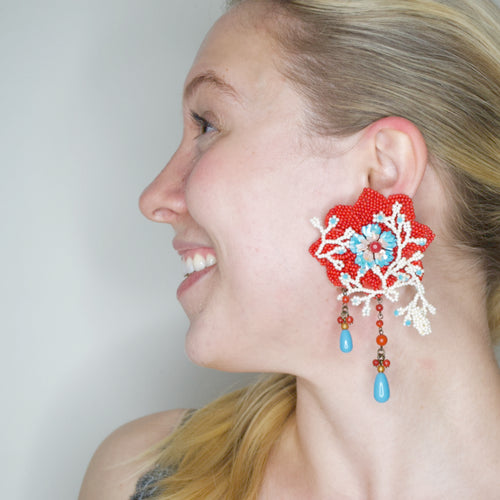 Vibrant Mother of Pearl Coral and Turquoise Color Beaded Floral Earrings by DUBLOS