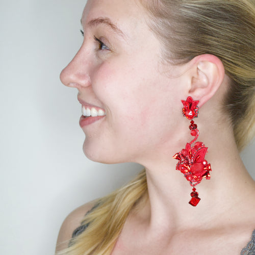 Fire Bird Swarovski Gem and Embroidered Silk Earrings by DUBLOS