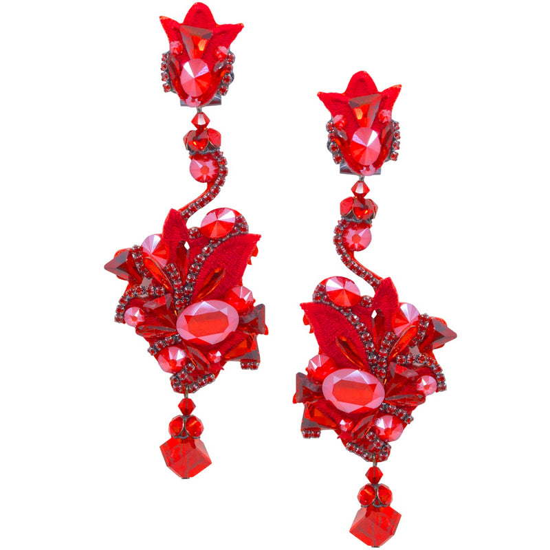 Fire Bird Swarovski Gem and Embroidered Silk Earrings by DUBLOS