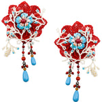 Vibrant Mother of Pearl Coral and Turquoise Color Beaded Floral Earrings by DUBLOS