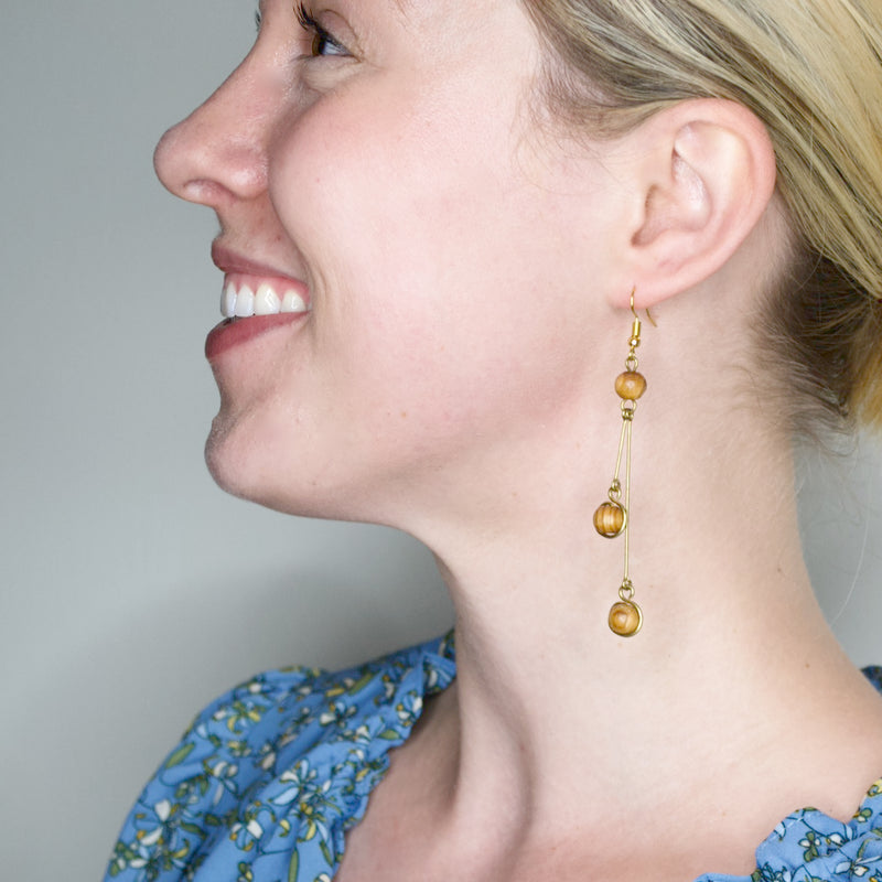 Elegant Wood and Brass Beaded Drop Earrings from Kenya