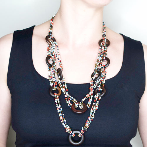 Colorful Beaded Reclaimed Wood Statement Necklace from Namibia