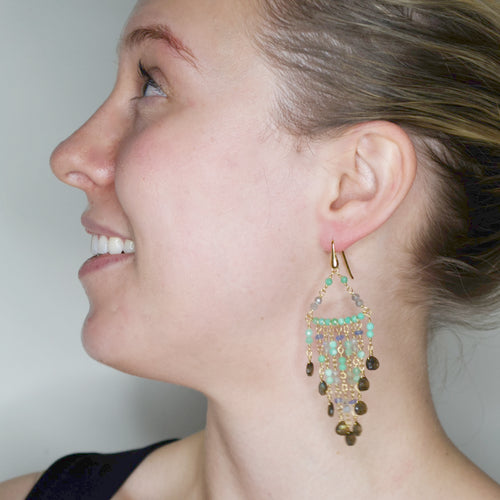 Labradorite and Green Opal 24K Gold Chandelier Earrings from Italy