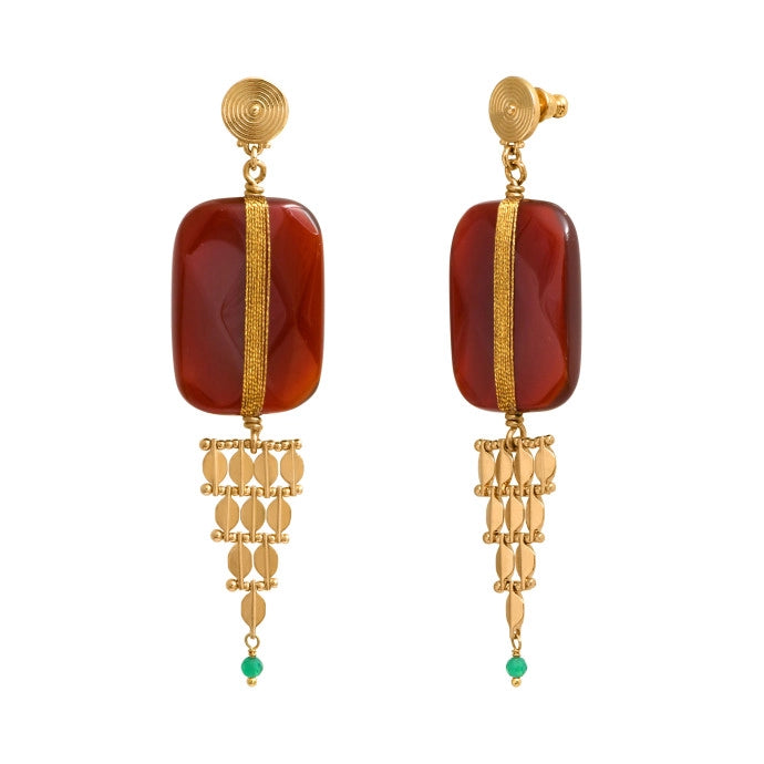 Gold Silk, Carnelian and Green Agate Statement Earrings by Satellite Paris