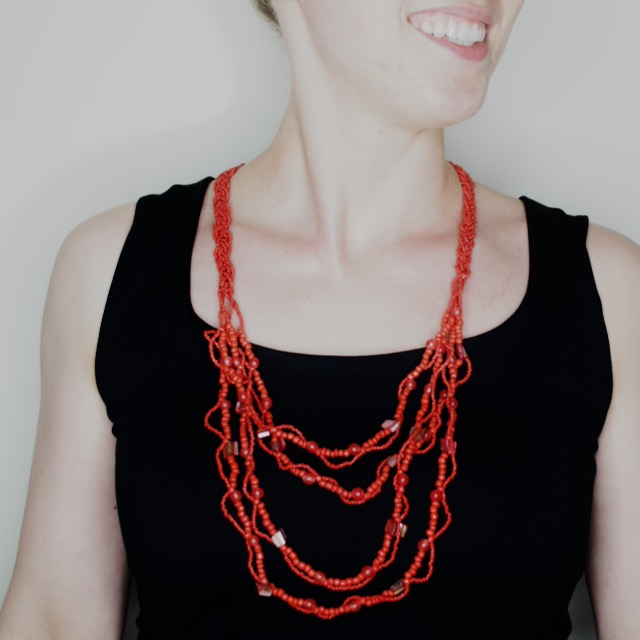 Coral Red Shell and Bead Statement Necklace from Namibia