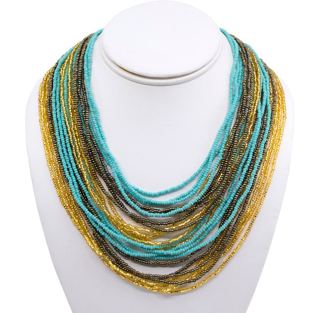 Hand Beaded Necklace - 24 Strand Gold and Turquoise