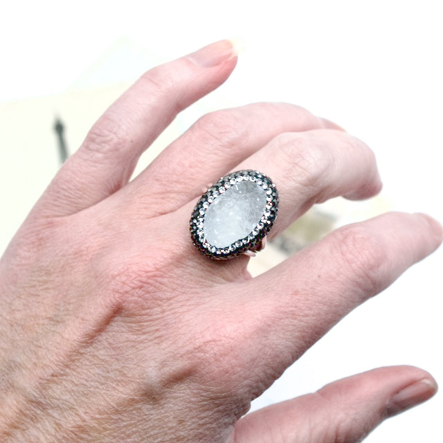White Druzy Quartz and Black Hematite Adjustable Statement Ring