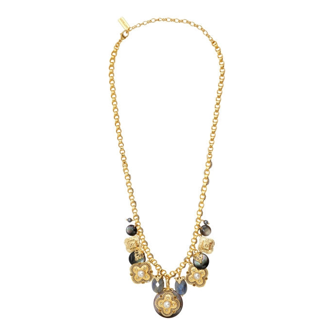 Stunning Mother of Pearl and Labradorite Gold Statement Necklace by Satellite Paris