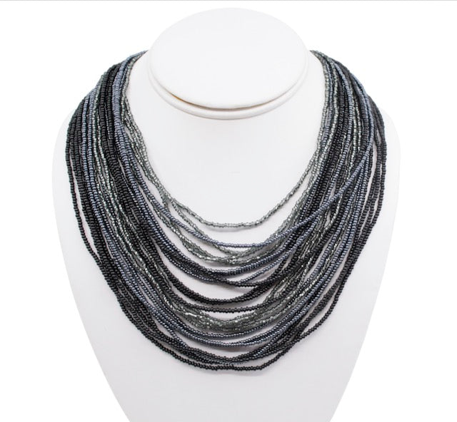 Hand Beaded Necklace - 24 Strand Grey and Black