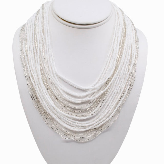 Hand Beaded Necklace - 24 Strand White and Crystal
