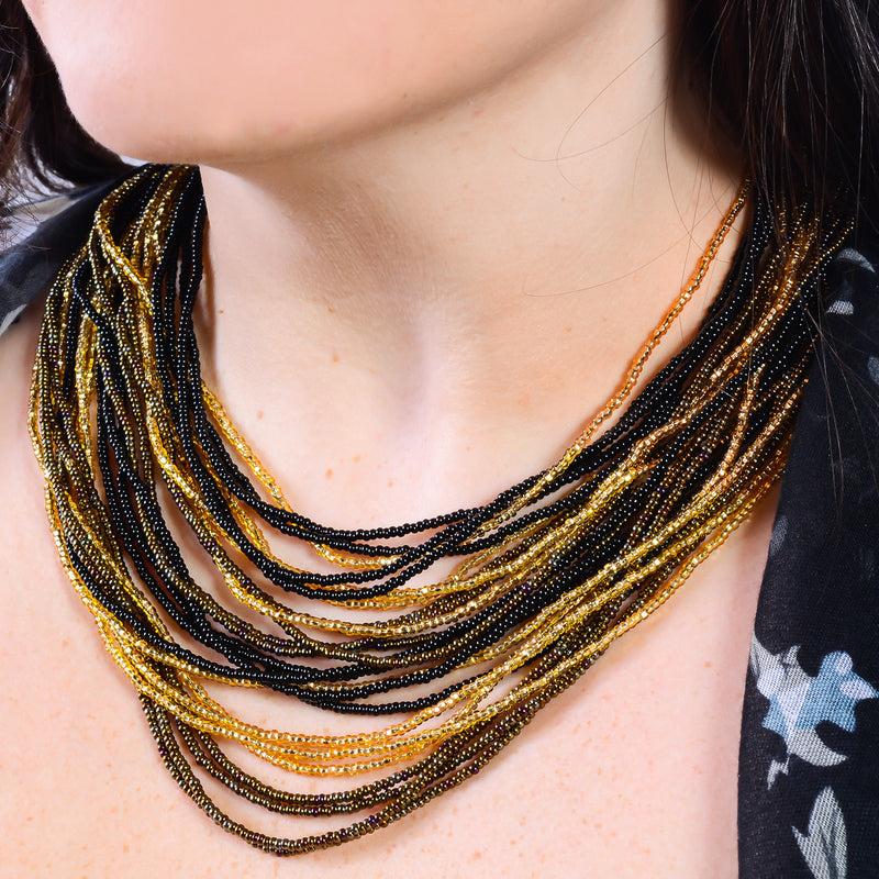 Hand Beaded Necklace - 24 Strand Golden and Black