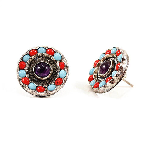 Turquoise, Red Jasper, Amethyst Circle Post Sterling Silver Earrings