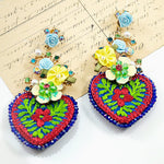 Crystal and Floral Embellished Embroidered Heart Earrings