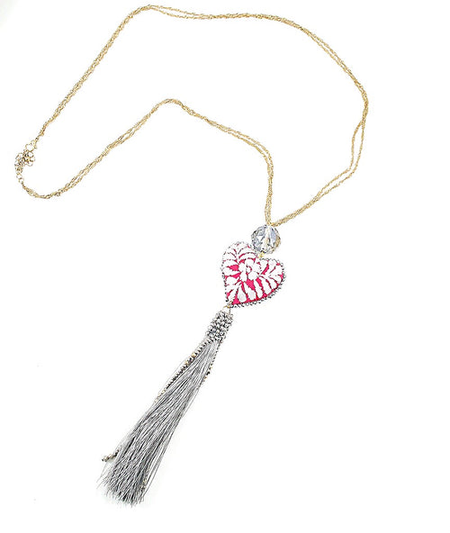 Long Chain Embroidered Heart and Tassel Necklace