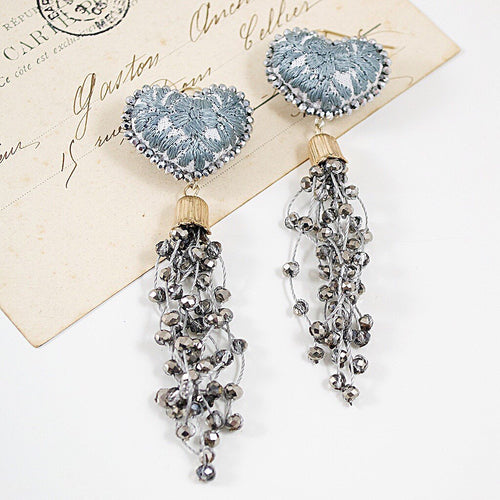 Crystal Embellished Tassel and Embroidered Heart Mexican Earrings - Grey