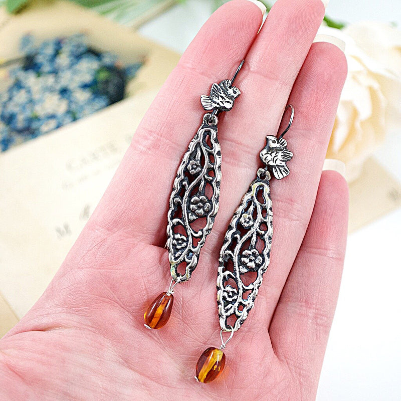 Silver Filigree Mold and Amber Drop Earrings