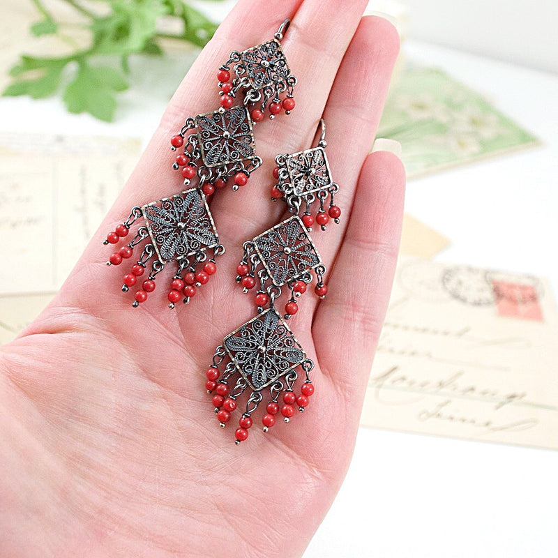 Sterling Silver Frida Kahlo Geometric Filigree Earrings with Coral Beads