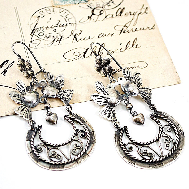 Silver Love Bird Filigree Drop Earrings