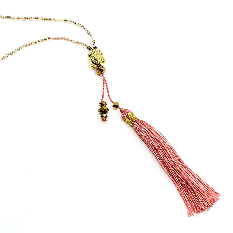 Long Silk Tassel Beaded Buddha Necklace - Light Pink