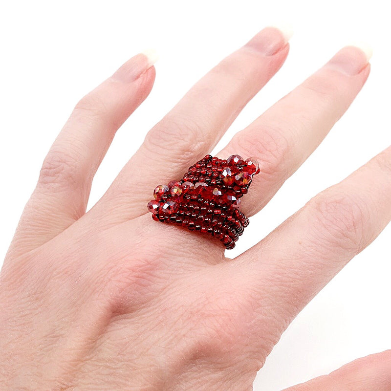 Red Hand Beaded Ring - Size 6