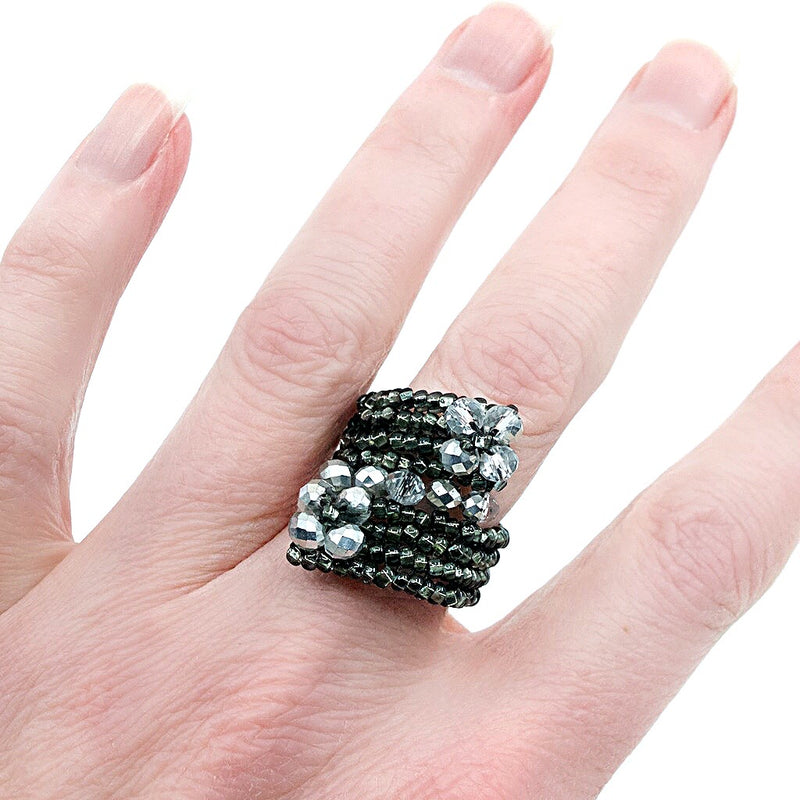 Grey Hand Beaded Ring - Size 5