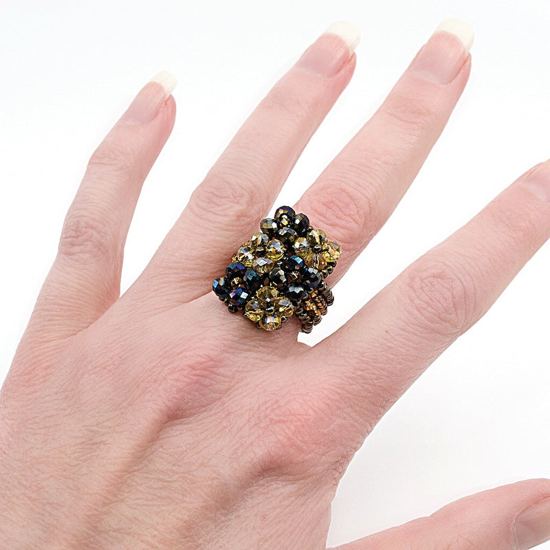 Gold and Black Hand Beaded Ring - Size 8