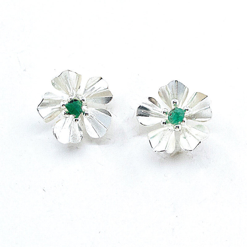 Silvered Flower Emerald Post Earrings
