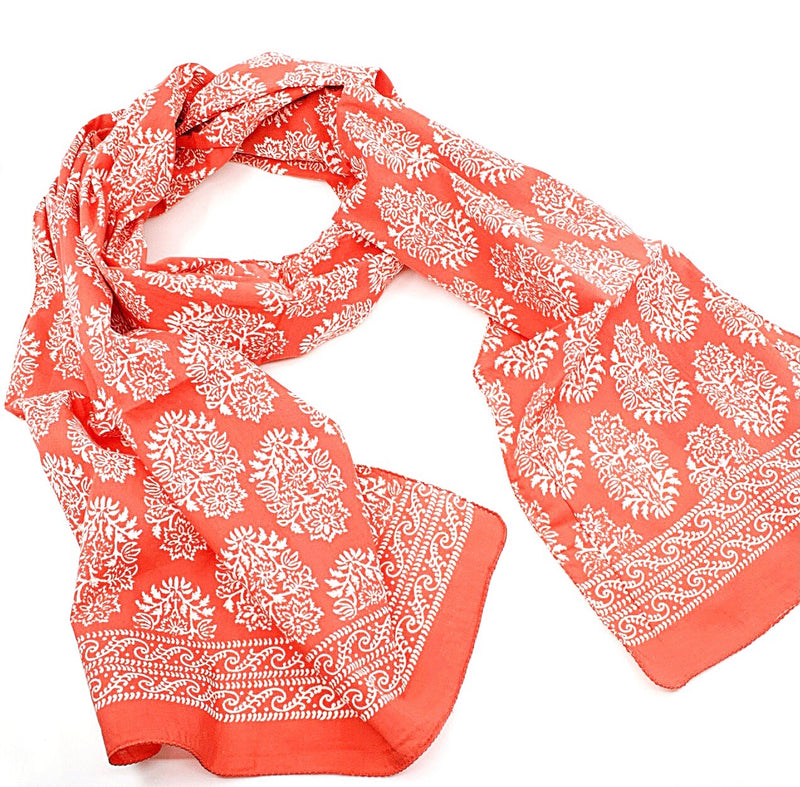 Hand Block Printed Scarf - Coral Motif