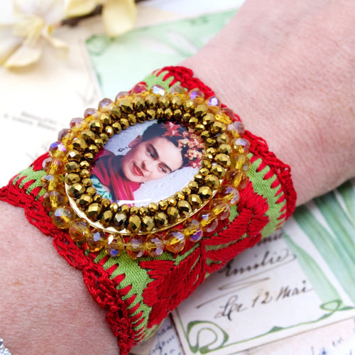 Red Embroidered Frida Kahlo Image Mexican Cuff Bracelet
