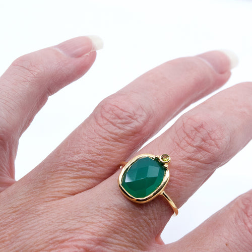 "Green Onyx" Gold Plated Statement Ring- Size 5