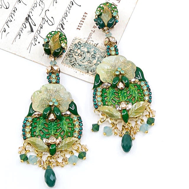 Green Floral Swarovski Crystal Hand Painted Drop Earrings by DUBLOS