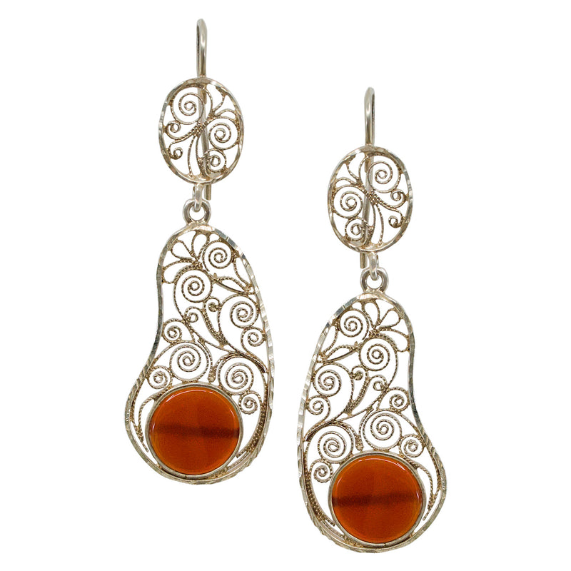 Silver Filigree and Amber Bead Drop Earrings